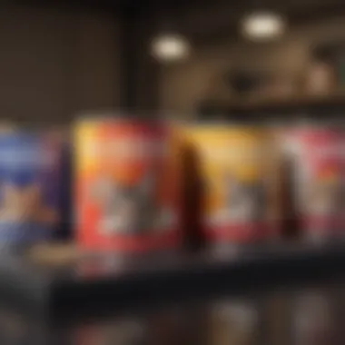 A selection of premium wet cat food cans displayed on a countertop.