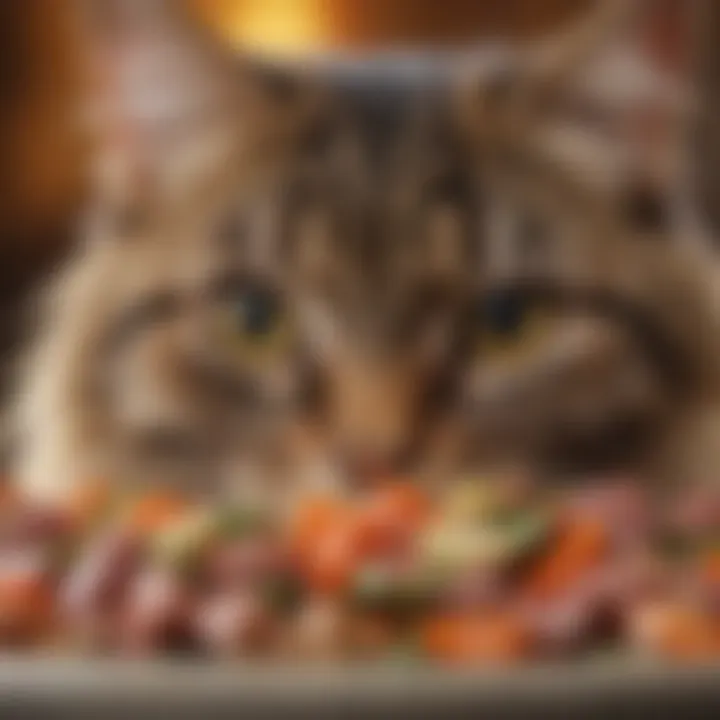 Close-up of high-quality ingredients in wet cat food, showcasing meat and vegetables.