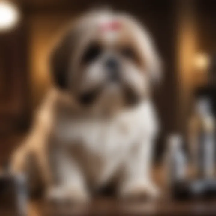 Grooming tools arranged next to a well-groomed Shih Tzu