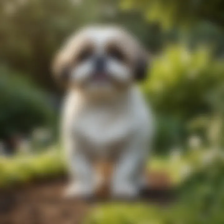 A Shih Tzu playing in a lush garden, showcasing its playful nature