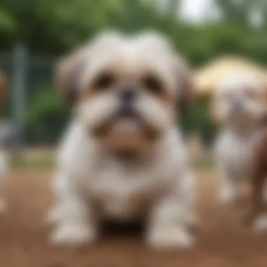 A Shih Tzu interacting with other dogs at a dog park