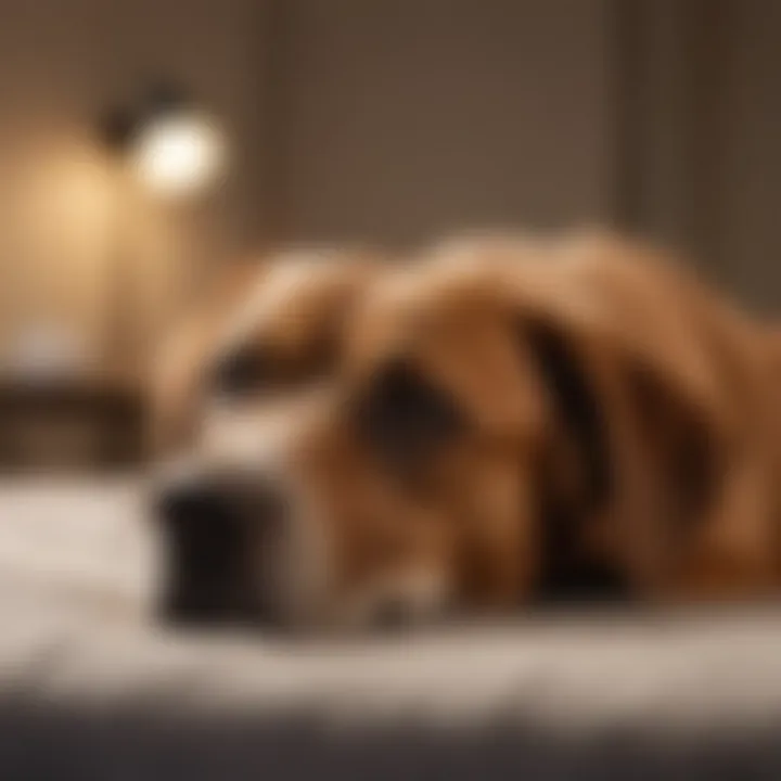 A dog resting comfortably during post-operative recovery.