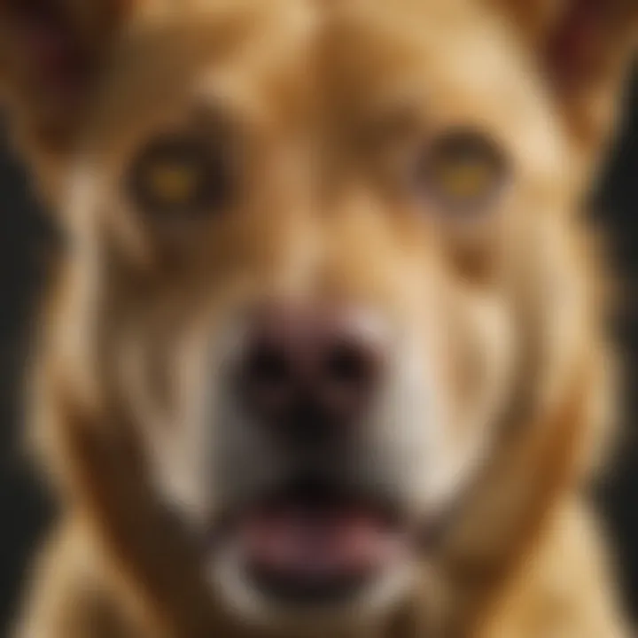 A close-up of a yellow dog's expressive face