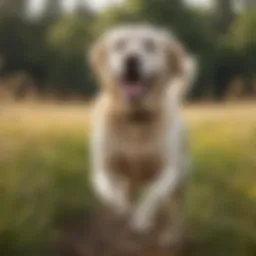 A joyful yellow Labrador running in a field