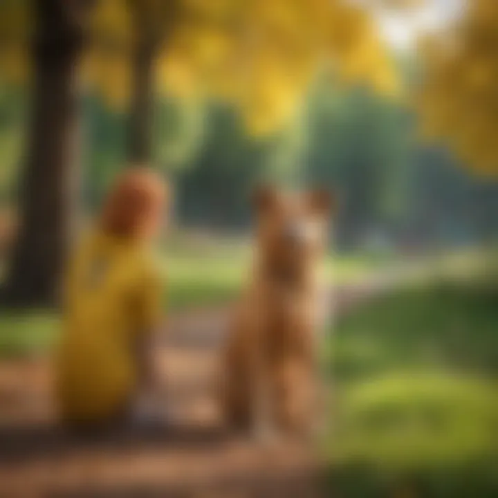 A scenic park setting with a yellow dog and owner