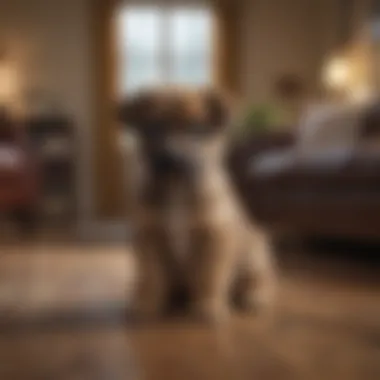 A cozy living room setting with a Tamaskan puppy