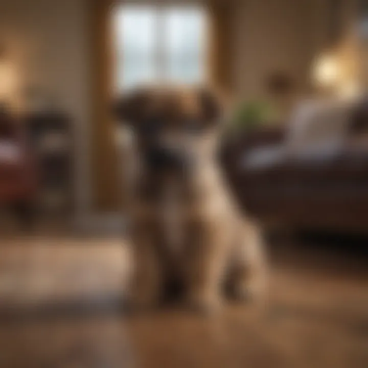 A cozy living room setting with a Tamaskan puppy