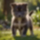 A playful Tamaskan puppy in a sunny garden