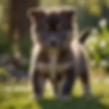 A playful Tamaskan puppy in a sunny garden