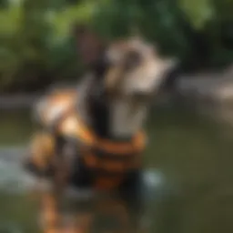 Dog wearing an Alligator Dog Life Jacket in a pool
