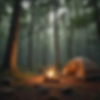 Campsite nestled in a lush forest with a tent and campfire