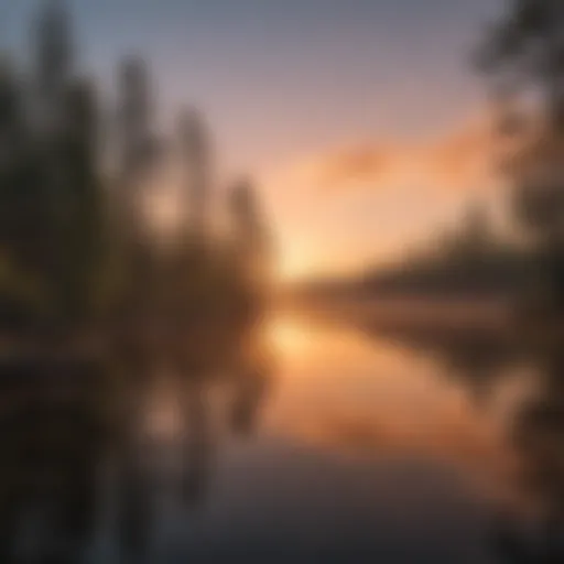 Serene lake view at sunset surrounded by pine trees