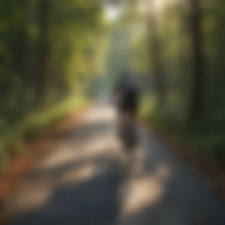 Cyclist riding through a peaceful wooded area along a designated bike path