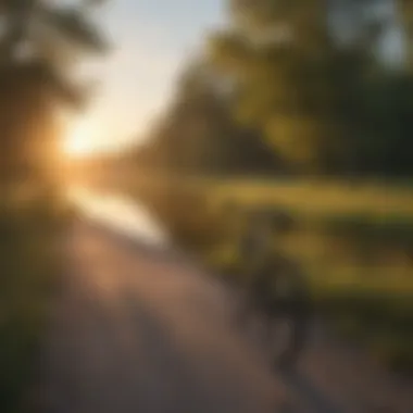 Sunset illuminating a peaceful lake alongside a bike path