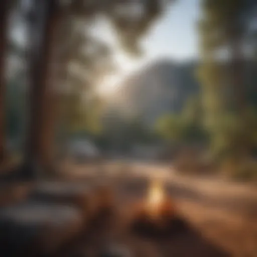 Scenic view of a serene campground surrounded by tall trees and mountains in San Diego