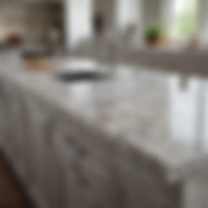 A kitchen countertop made of stunning white granite with intricate patterns, emphasizing its design appeal.