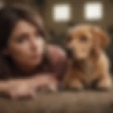 A dog owner observing a dog with puppies