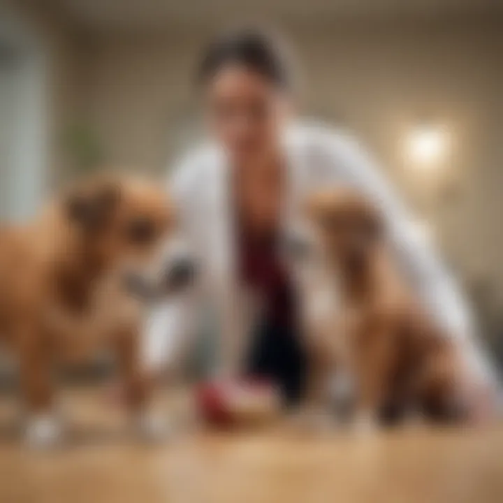 A veterinarian examining a pregnant dog