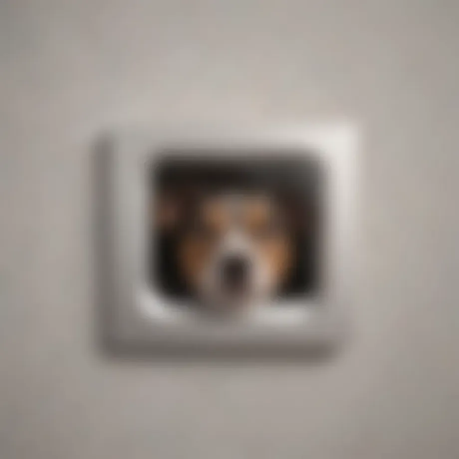 A close-up of an electronic dog door installed in a wall, showcasing its sleek design and advanced technology.