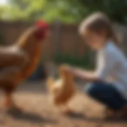A gentle chicken breed interacting with children in a backyard setting.