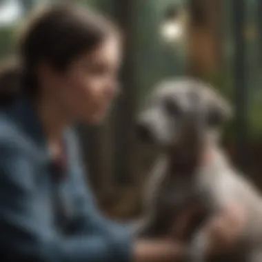 Companionship with a Grey Lab Puppy A Grey Lab puppy interacting with its owner in a friendly environment.