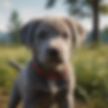 Grey Lab Puppy in Nature A Grey Lab puppy enjoying a healthy outdoor activity, reflecting its energetic nature.