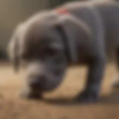 A Grey Lab puppy engaged in training, demonstrating intelligence and eagerness to learn.