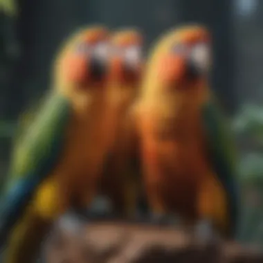 A group of parrots in their natural habitat displaying social behavior