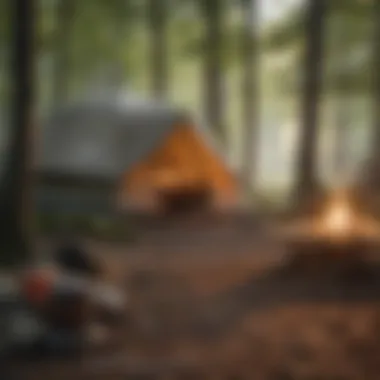 A cozy camping setup featuring a tent with surrounding natural beauty, evoking a sense of adventure in the wild.