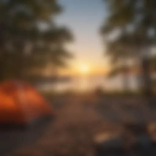 Serene view of Lake Michigan at sunset with camping tents in the foreground