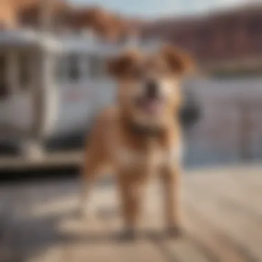 A happy dog playing on the deck of a houseboat at Lake Powell.