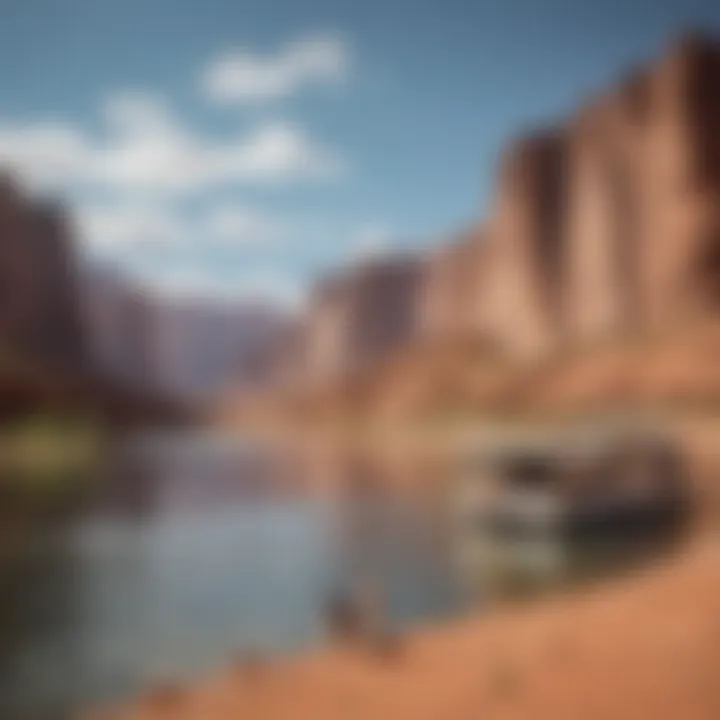 A serene view of Lake Powell with a houseboat and a dog enjoying the scenery.