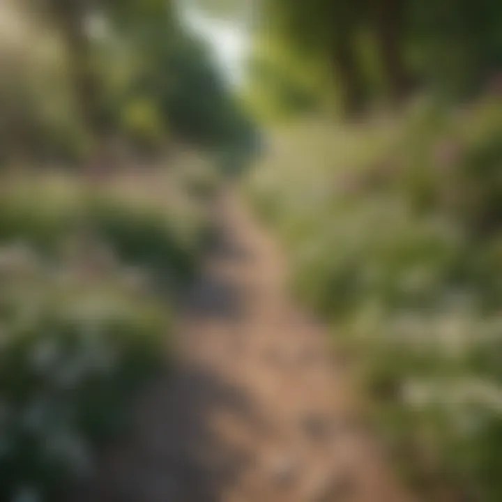 A peaceful walking trail lined with blooming flowers