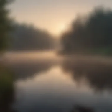 A serene Minnesota lake at dawn with mist rising off the water