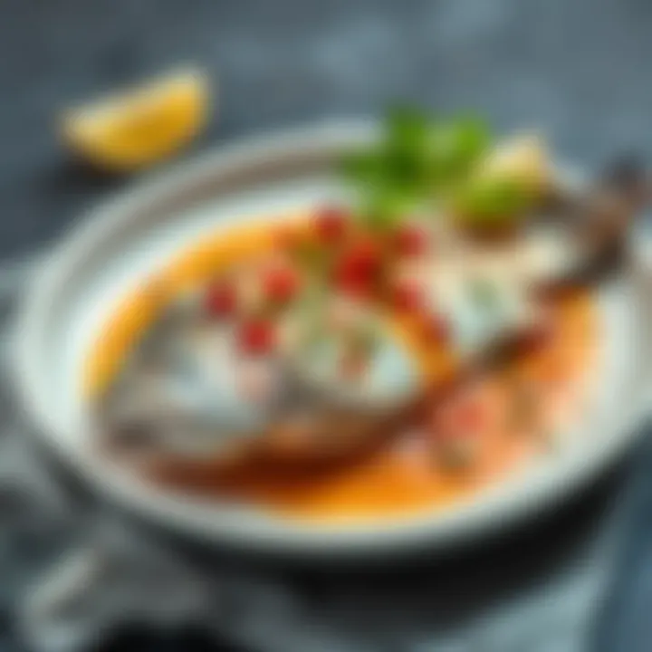 Gourmet Fish Presentation A beautifully plated fish dish garnished with herbs and spices.