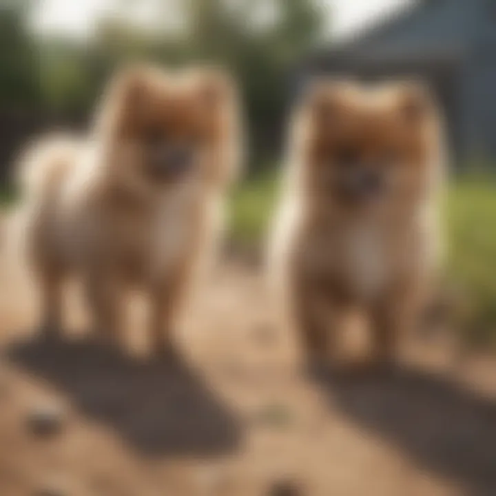 An outdoor scene with Pomeranian puppies playing and enjoying their space