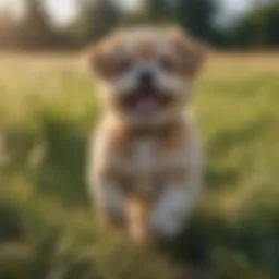 Pugapoo playing in a grassy field