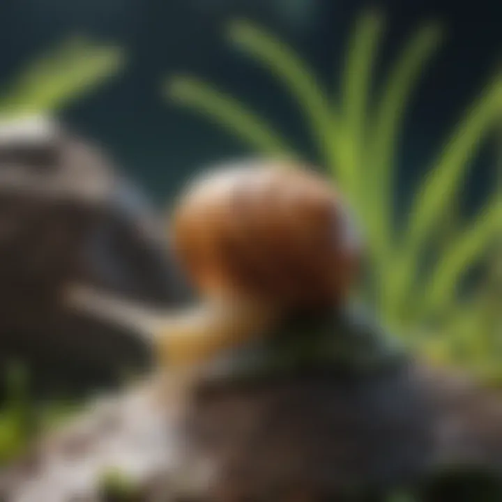 A close-up view of a saltwater snail grazing on algae on a rock