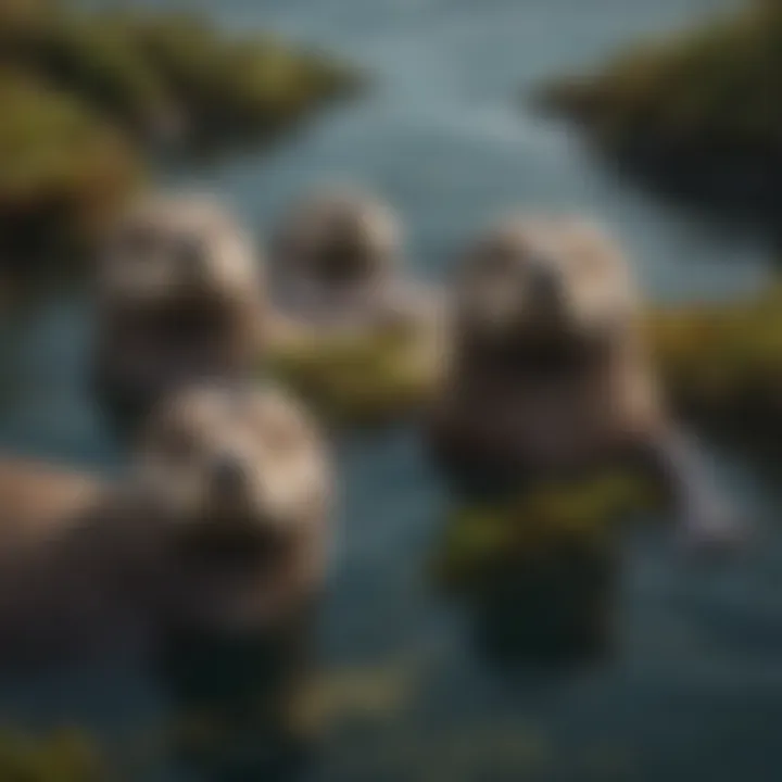 A group of sea otters resting on kelp, highlighting their relationship with the underwater ecosystem