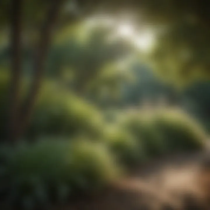 A variety of tall grasses planted under a canopy of trees