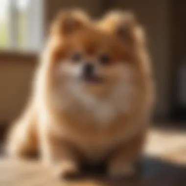 A charming Pomeranian with fluffy fur sitting in a sunbeam