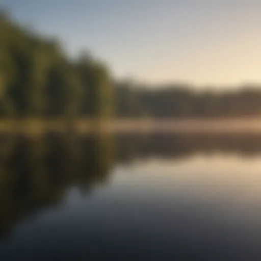 A serene Alabama lake at sunrise, perfect for bass fishing.