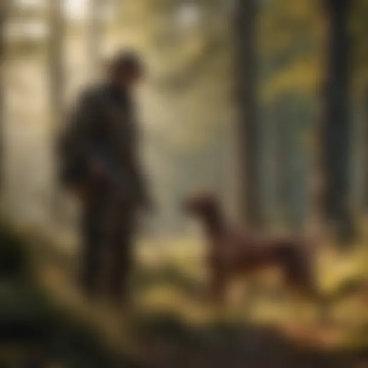 A picturesque setting with a hunting dog and its handler in harmony