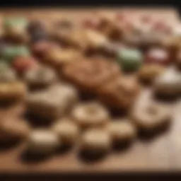 A selection of nutritious dog treats arranged on a wooden surface.