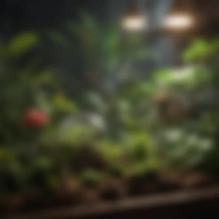 Close-up of different types of terrarium lights arranged aesthetically