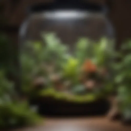 A well-lit terrarium showcasing vibrant plant life under LED lights