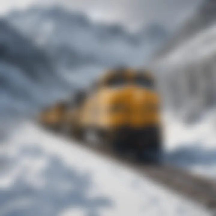 Iconic Alaska Railroad train traveling through snow-capped mountains.