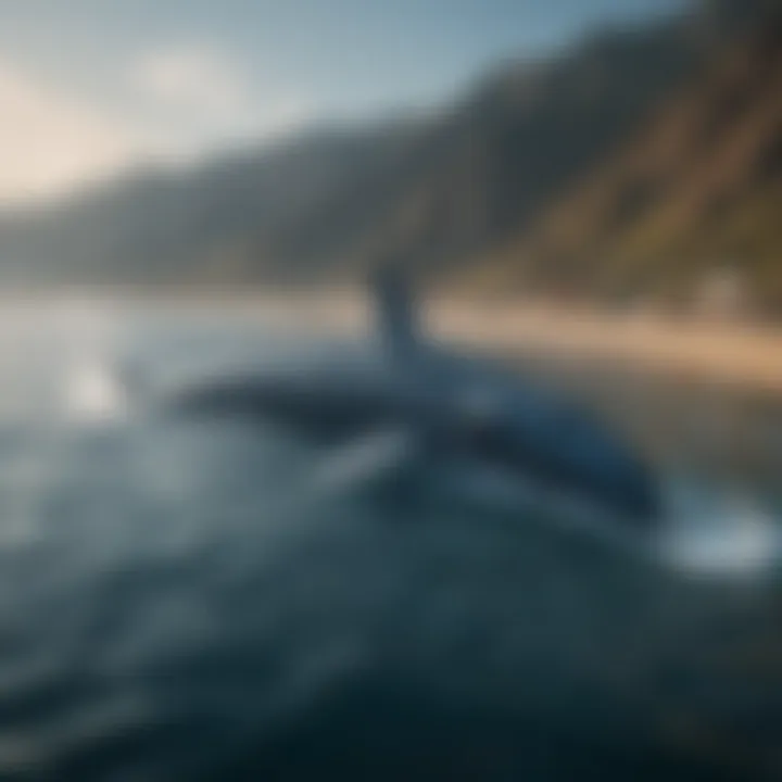 An aerial view of blue whales surfacing to breathe, surrounded by a vibrant marine landscape, emphasizing their natural habitat.