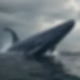 A majestic blue whale swimming gracefully in the ocean depths, showcasing its immense size and elegance.