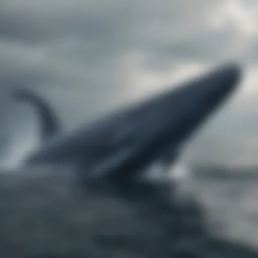 A majestic blue whale swimming gracefully in the ocean depths, showcasing its immense size and elegance.